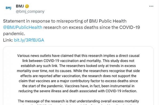 Eine im BMJ veröffentlichte Studie beweist, dass die Impfung gegen Covid zu einer weltweit überhöhten Sterblichkeit geführt hat? Es ist falsch