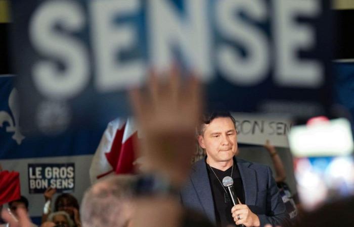 Pierre Poilievre hält eine Rede bei einer Kundgebung der konservativen Partisanen in Montreal