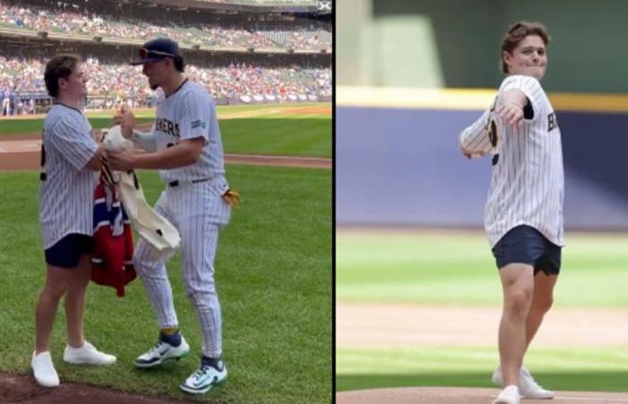Cole Caufield macht den feierlichen Wurf in einem MLB-Spiel
