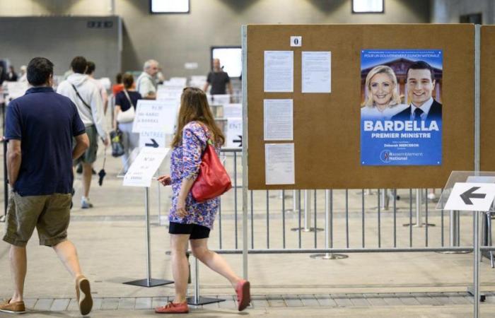 Die RN liegt mit rund 34 % der Stimmen an der Spitze, vor der Neuen Volksfront und dem Macron-Lager – rts.ch