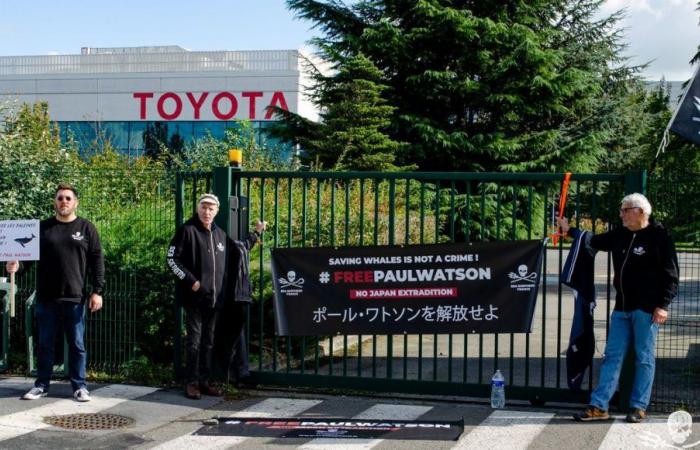 Mitglieder von Sea Shepherd mobilisieren vor der Toyota-Fabrik in Onnaing, um den Umweltaktivisten Paul Watson zu unterstützen