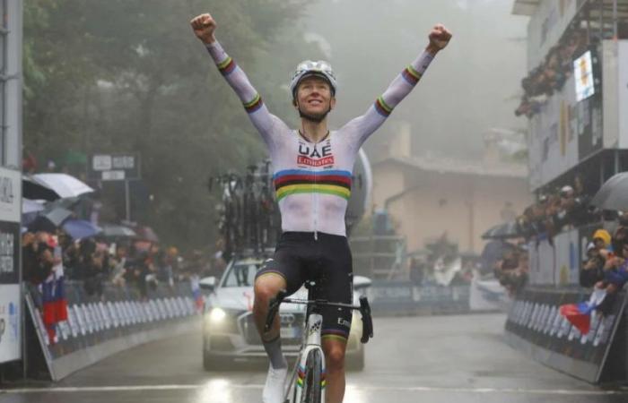 Radfahren. Tour d’Émilie – Tadej Pogacar… seine neue Show zum ersten Mal im Regenbogen