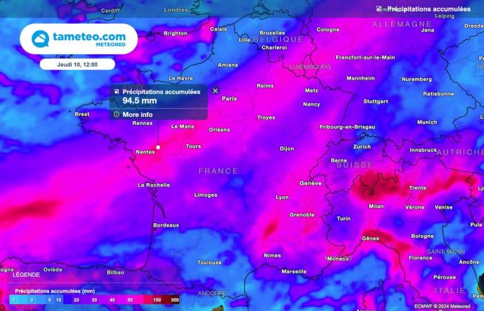 Ab nächster Nacht werden in Frankreich außergewöhnliche Regenfälle erwartet! Bis zu 100 Liter/m² in 24 Stunden!