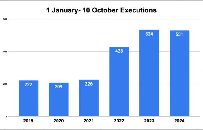 12 Hinrichtungen am Vorabend des Welttages gegen die Todesstrafe und 531 Hinrichtungen im Jahr 2024