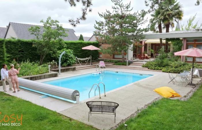 Swimmingpool, Terrasse, Palme, sie wohnen in einer typischen Vintage-Villa aus den 70er Jahren, die an Kalifornien im Elsass erinnert