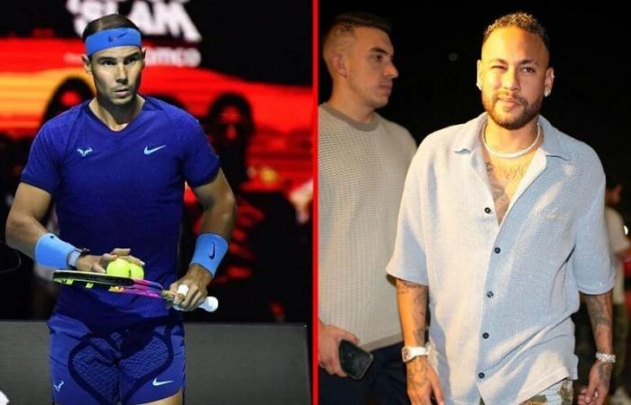 Rafael Nadal schenkt Neymar Jr. Schläger; Die brasilianische Fußballikone präsentiert nach einem besonderen Treffen beim Six Kings Slam aufgeregt den wertvollen Ballbesitz