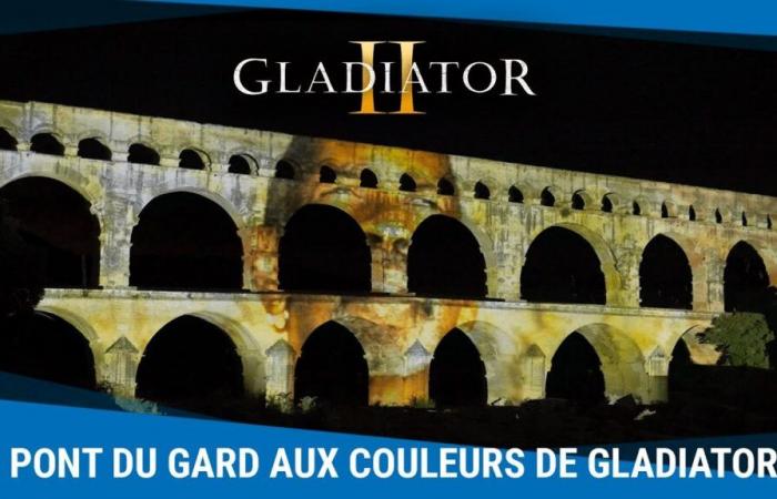 Das Gebäude nimmt die Farben von Gladiator II an