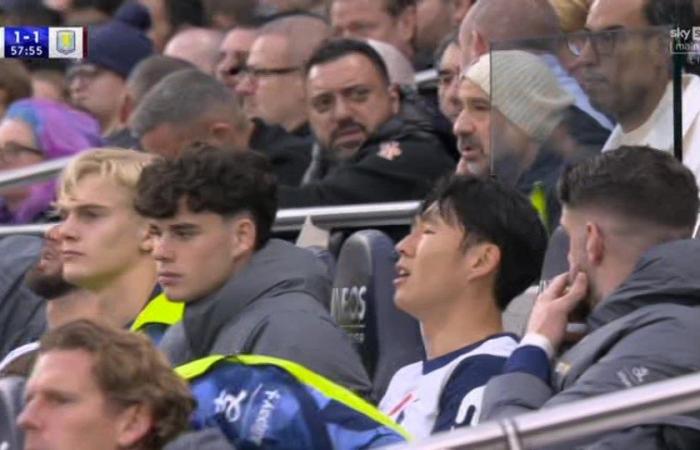 Son Heung-min bricht auf der Tottenham-Bank zusammen, nachdem er sichtlich schockiert war, weil Postecoglou ihn ausgewechselt hatte