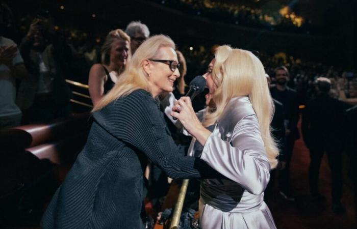 Adele umarmt Meryl Streep während eines Konzerts in einem Outfit, das der Schauspielerin Tribut zollt