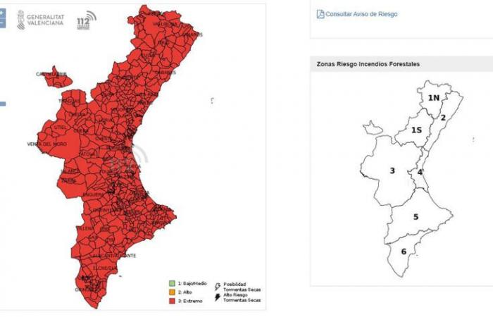 In der gesamten valencianischen Gemeinschaft besteht ein extremes Waldbrandrisiko