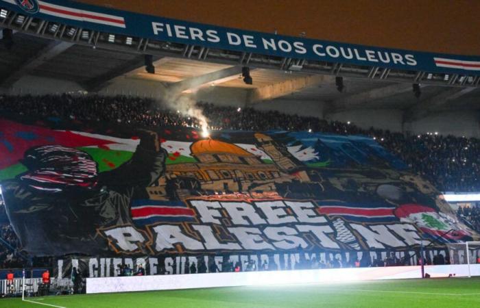 die Entwicklung des Collectif Ultras Paris zum Tifo „Freies Palästina“.