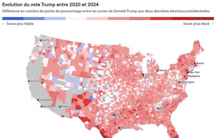 Visualisieren Sie die Entwicklung der Stimmen für Donald Trump im Vergleich zu 2020, Kreis für Kreis