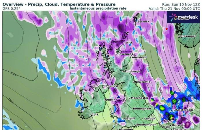 Schottland wird im Vereinigten Königreich am schlimmsten vom Frosteinbruch betroffen sein, da die Karte einen Schneestoß von -8 °C zeigt