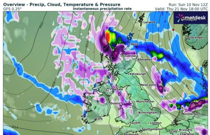 Schottland wird im Vereinigten Königreich am schlimmsten vom Frosteinbruch betroffen sein, da die Karte einen Schneestoß von -8 °C zeigt