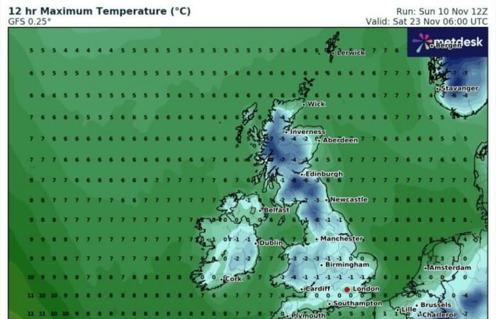 Schottland wird im Vereinigten Königreich am schlimmsten vom Frosteinbruch betroffen sein, da die Karte einen Schneestoß von -8 °C zeigt