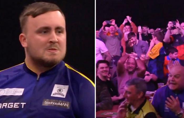 Luke Littler spielt den Showman beim Grand Slam of Darts, als er den rekordverdächtigen 9-Darter um Millimeter verpasst