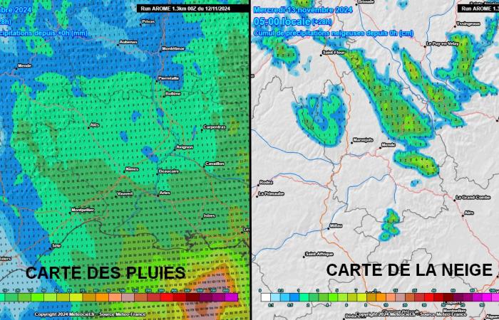 Schneefall auf der Lozère und Regen in der Ebene