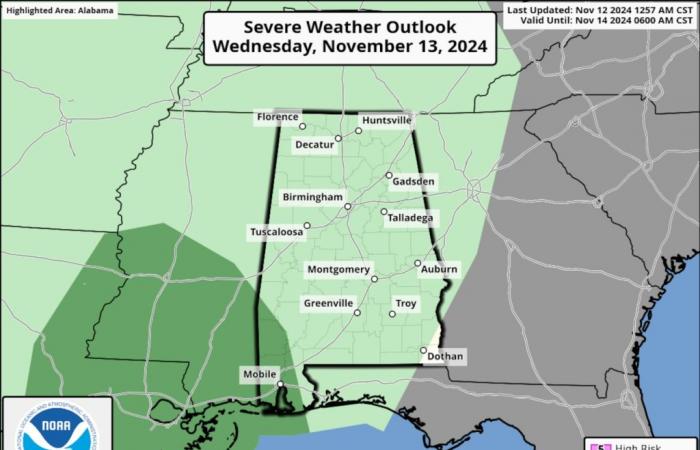 Regen und ein paar Stürme auf dem Weg nach Alabama am Mittwoch