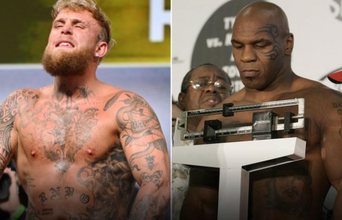 Wiegen zwischen Jake Paul und Mike Tyson: Tyson schlägt Paul während des Face-Offs, weniger als zwei Pfund trennen die Kämpfer