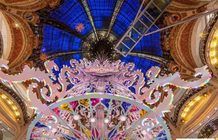 Einweihung der Fenster und des Weihnachtsbaums in den Galeries Lafayette 2024 mit Vianney in der Vitrine