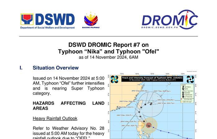 DSWD DROMIC-Bericht Nr. 7 über Taifun „Nika“ und Taifun „Ofel“, Stand 14. November 2024, 6 Uhr morgens – Philippinen