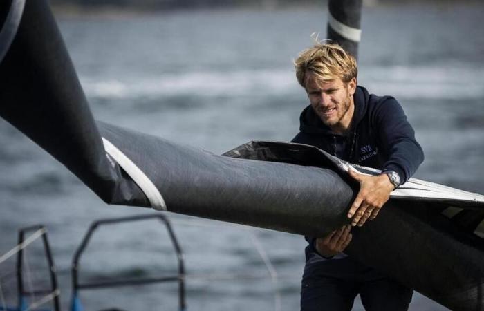 Jules-Verne-Trophäe. François Gabart und der Maxi-Trimaran SVR-Lazartigue kurz vor dem Start.