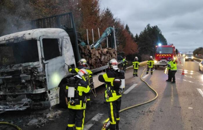 Hengste. Ein Lastkraftwagen mit brennendem Holz auf der RN 57