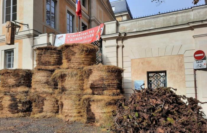 Bauern demonstrieren und blockieren den Eingang zur Präfektur