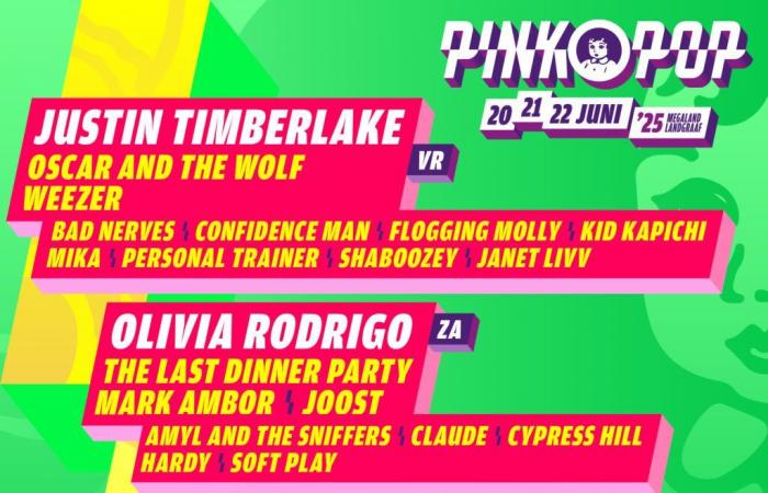 Pinkpop 2025-Aufstellung: Justin Timberlake, Olivia Rodrigo, Muse und mehr