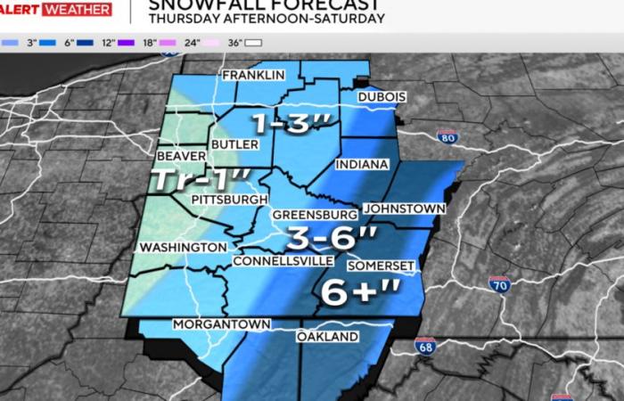 Für Teile von Südwest-Pennsylvania und Nord-West Virginia werden mehrere Zentimeter Schnee prognostiziert