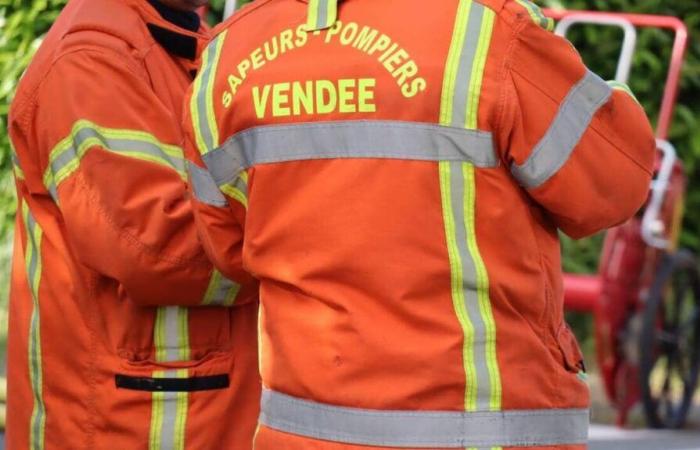 Ein von Flammen zerstörtes Haus in der Vendée, Feuerwehrleute verhindern, dass sich das Feuer ausbreitet