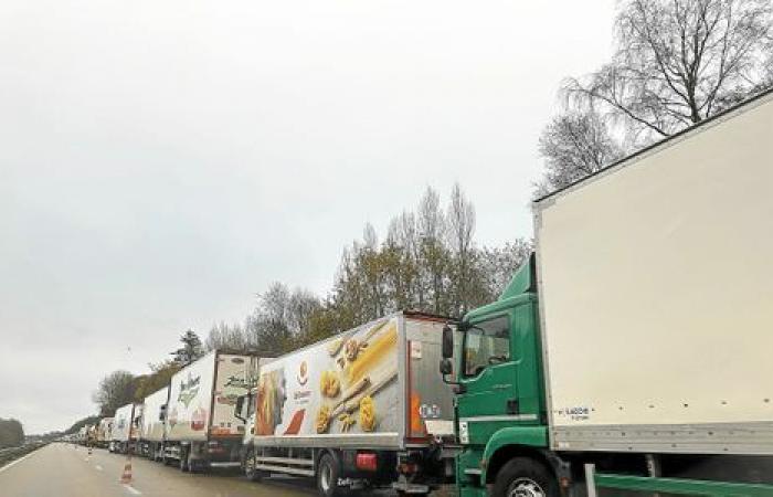 LKW-Fahrer halten wegen des Schnees auf der RN12 in der Nähe von Morlaix an und nutzen die Gelegenheit zum „geselligen Beisammensein“.