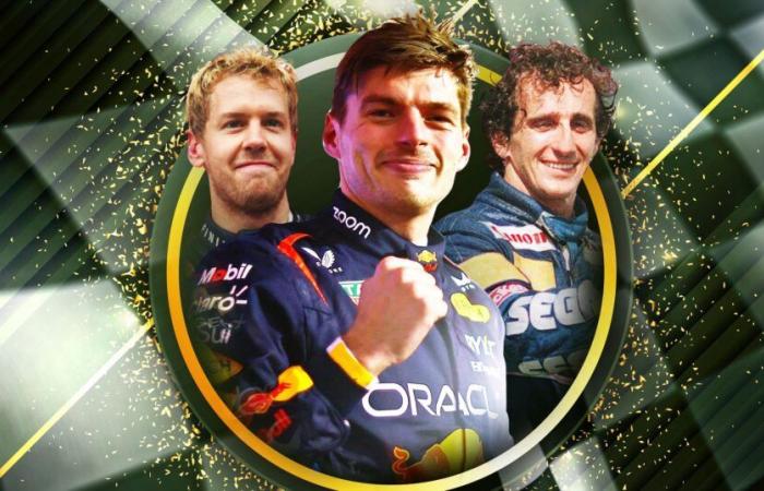 F1-Ergebnisse | Max Verstappen (Red Bull), neben Sebastian Vettel und Alain Prost