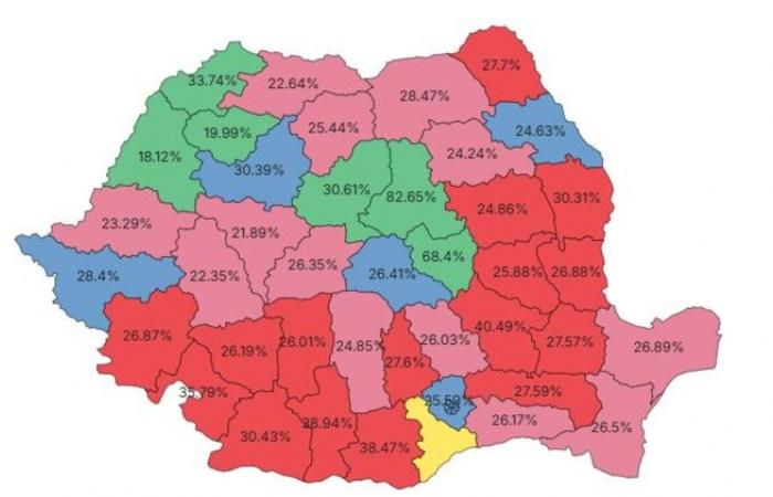 Ergebnisse des Präsidenten. Călin Georgescu, an erster Stelle in 13 Kreisen und in der Diaspora. Lasconi, in 5 Kreisen und in Bukarest