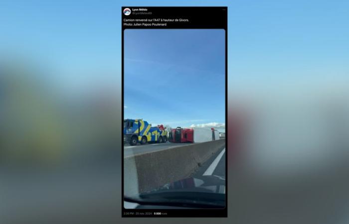 Beeindruckende Bilder eines auf der A47 liegenden Lastwagens nach starken Windböen in der Nähe von Lyon