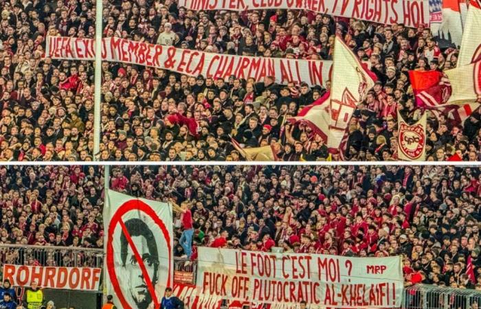 Fans des FC Bayern München greifen den Präsidenten von Paris Saint-Germain, Nasser Al-Khelaifi, an