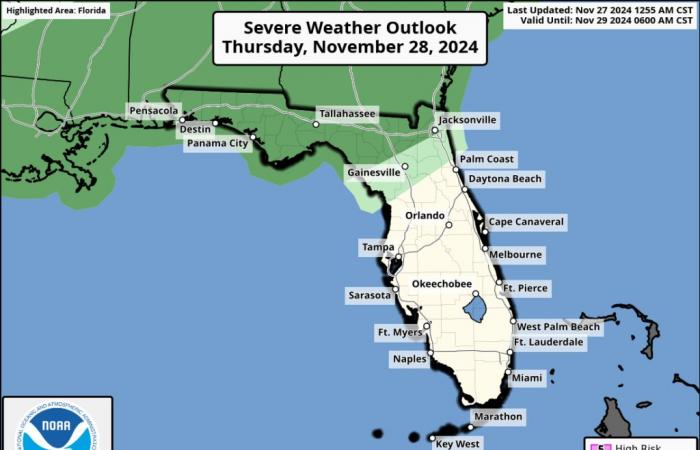 Tropen ruhig. Kaltfronten und schwere Gewitter werden am Erntedankfest für Florida vorhergesagt