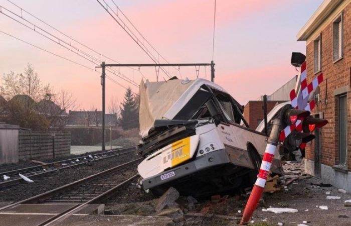 Zug rammt Lijnbus, der auf den Gleisen stecken geblieben ist: „Zwanzig Kinder an Bord, der Fahrer hat eine Katastrophe vermieden“