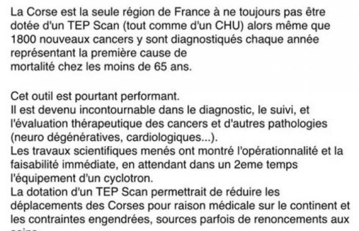 In einer Kolumne bedauern Ärzte, dass Korsika „die einzige Region Frankreichs ist, die noch keinen PET-Scan zur Krebsdiagnose hat“.