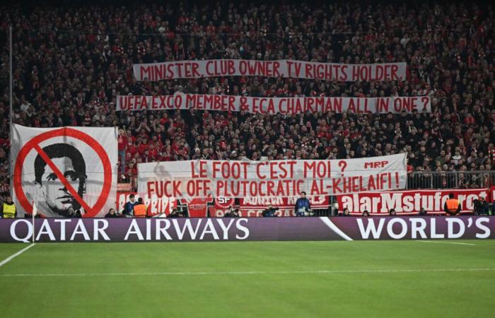 Fans des FC Bayern München entfalten ein neues Banner gegen PSG und Nasser al-Khelaïfi – Deutscher Pokal – 8. Runde – Bayern München-Bayer Leverkusen (0-1)