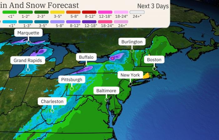 Östlicher Sturm bringt starken Regen, Wind und Schnee mit Seeeffekt