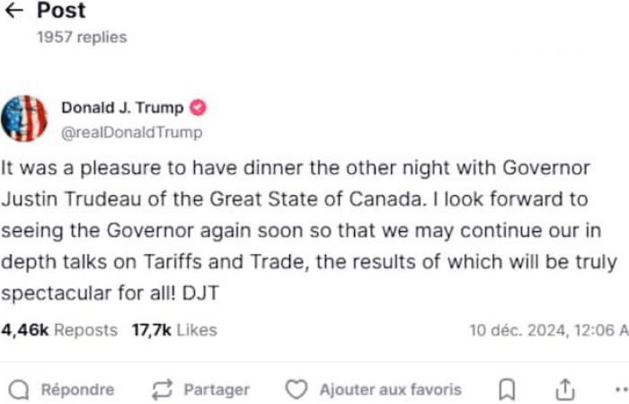 Trump bezeichnet Justin Trudeau in Wahrheit als „den Gouverneur des großartigen Staates Kanada“.