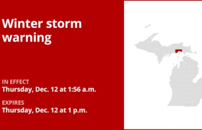 Bis Donnerstagnachmittag wird für Mackinac County eine Wintersturmwarnung herausgegeben