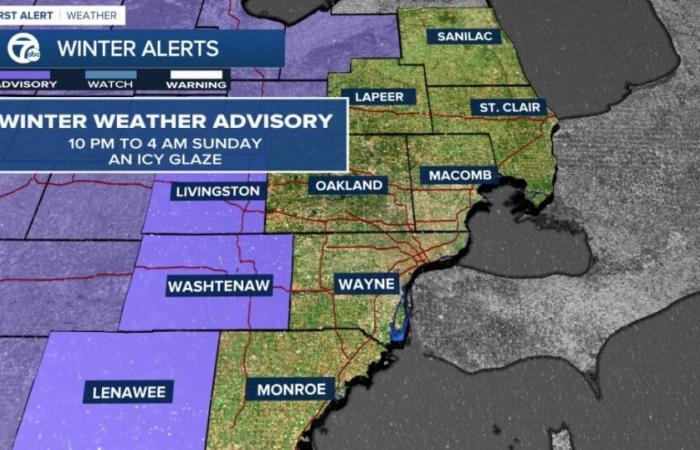 Ab 22:00 Uhr wird für Teile der Metropolregion Detroit eine Winterwetterwarnung herausgegeben