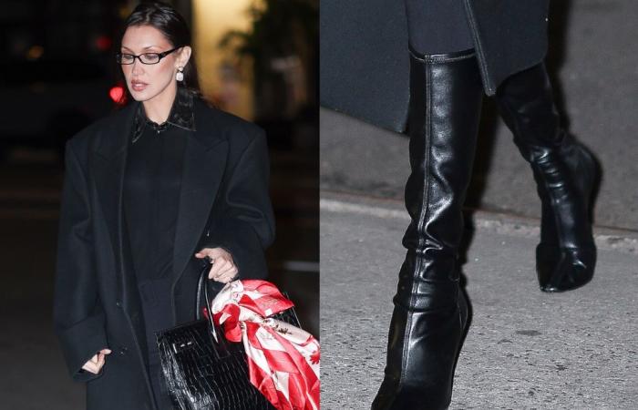 Bella Hadid trägt die Pointy Femme LA-Stiefel für einen eleganten, einfarbigen Winter-Look in NYC