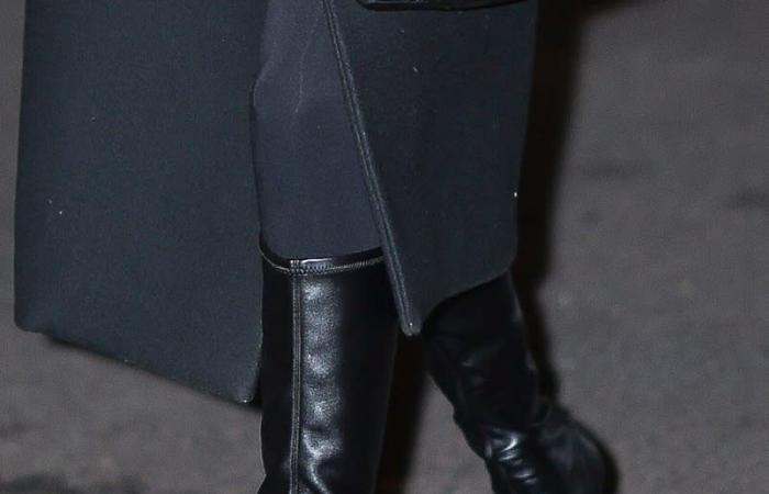 Bella Hadid trägt die Pointy Femme LA-Stiefel für einen eleganten, einfarbigen Winter-Look in NYC