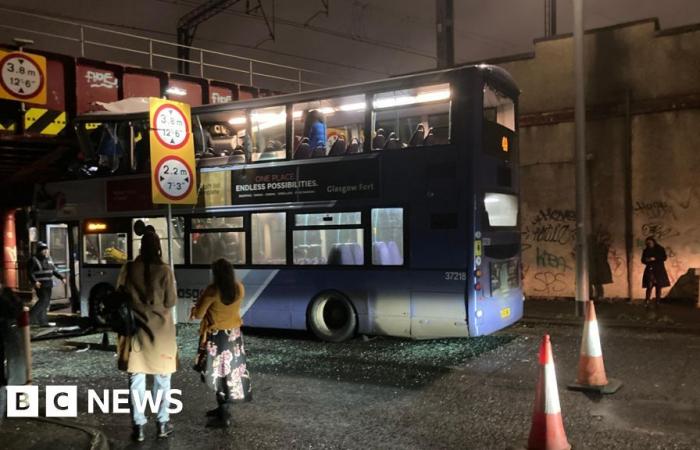 Acht Verletzte, nachdem beim Absturz einer Eisenbahnbrücke in Glasgow das Busdach abgerissen wurde