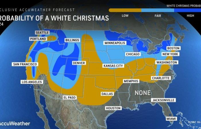 Weihnachtsschneekarte zeigt, dass die Hälfte der US-Bundesstaaten eine Chance auf weiße Weihnachten haben