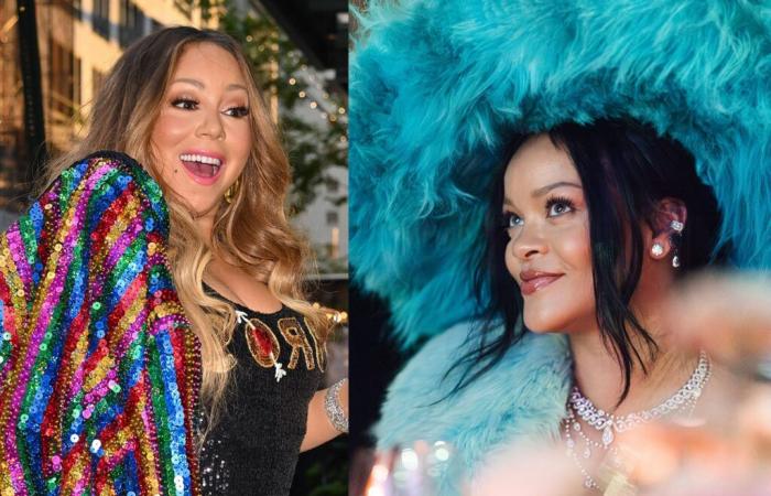 Mariah Carey gibt Rihanna während eines Weihnachtskonzerts ein Autogramm auf die Brust