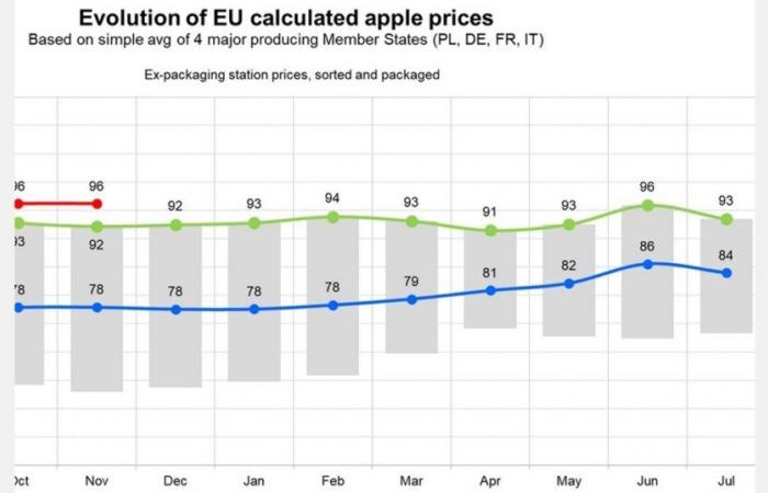 Die EU-Apfelpreise stiegen im November 2024 im Jahresvergleich um 4,3 %, wobei regionale Unterschiede bestehen